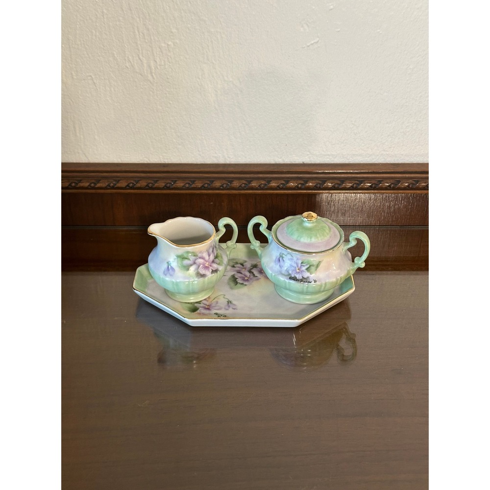 1881 Antique Pillivuyt France Hand Painted Art Decor Cream and Sugar Set w/ Tray
